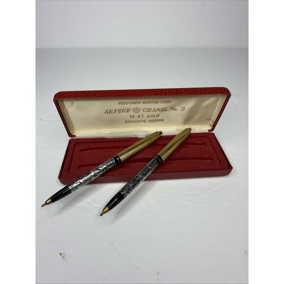 Chanel No. 5 Arpege 14kt Gold Filigree Ballpoint 2 Pen Set Writing Vintage Gift - Picture 3 of 7